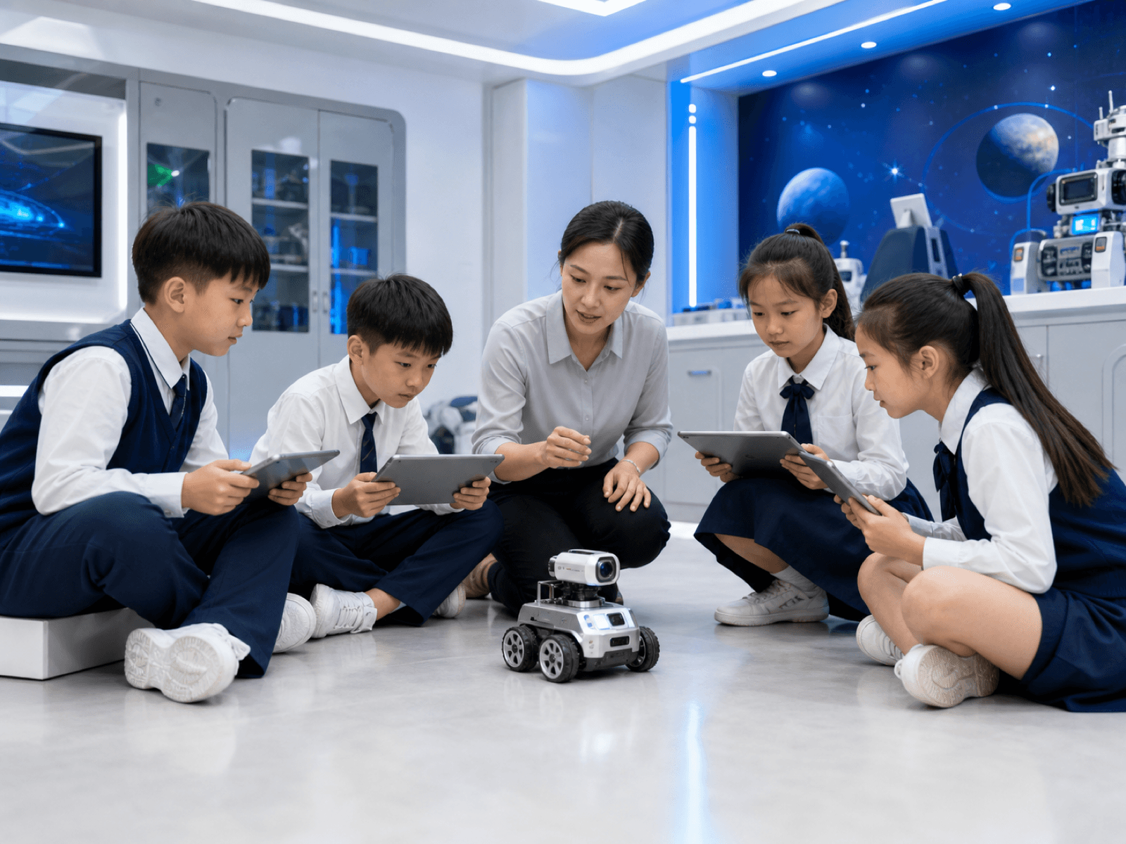 孩子在编程教室操作教育机器人