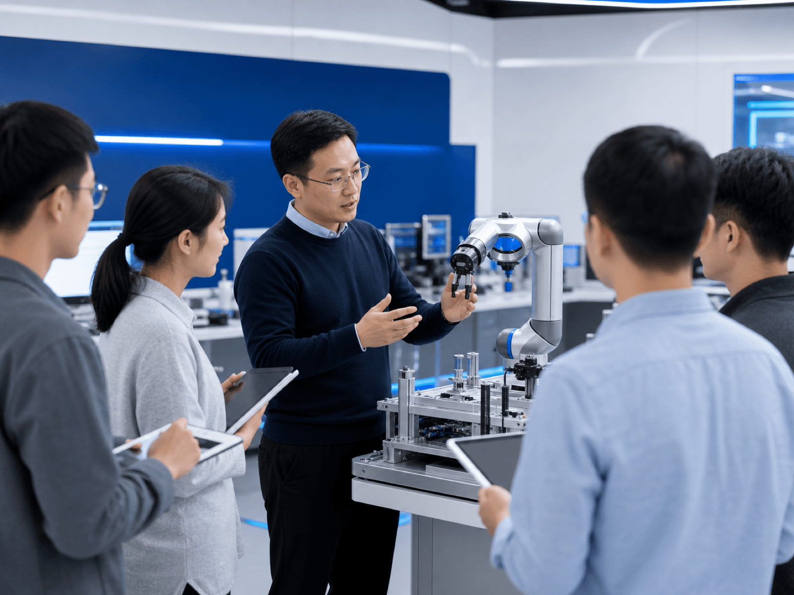 实训共建场景:明亮教室内,讲师在机械臂实训台前向围观的学员讲解,桌上有平板与教具,窗外自然光