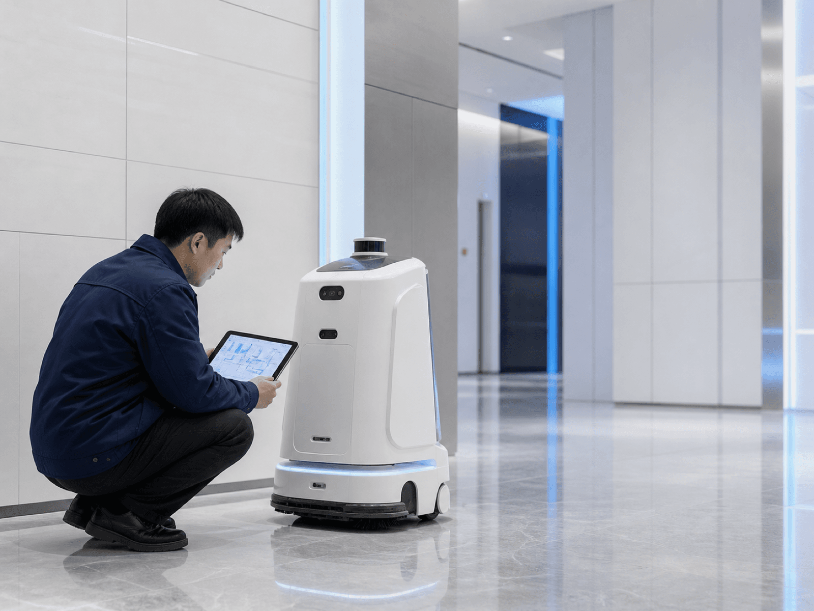 工程师部署调试场景:现代企业楼宇大堂内,工程师蹲姿调试一台白色商用机器人,手持平板显示地图建模界面