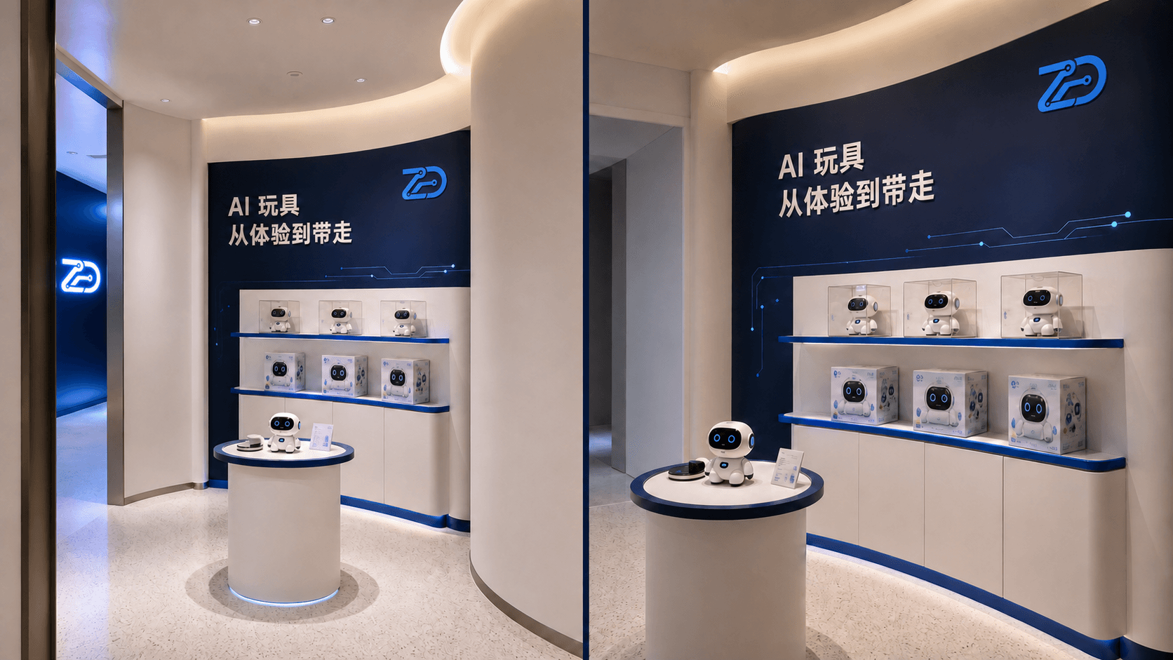 消费 AI 玩具/机器人零售区:层板货架陈列教育陪伴机器人与文创周边,顾客驻足挑选